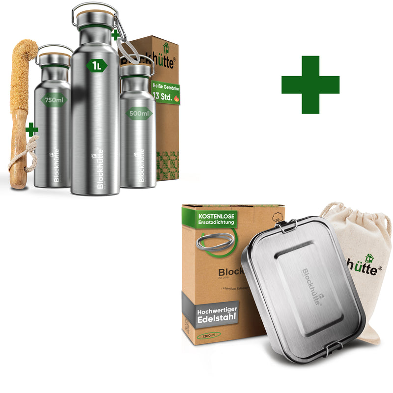 Conjunto de Aventura - Fiambreras de acero inoxidable + Botella de agua de acero inoxidable